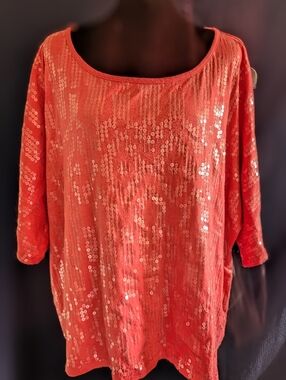 Women’s Sequin Scoop Neck Top - Coral Sz XL